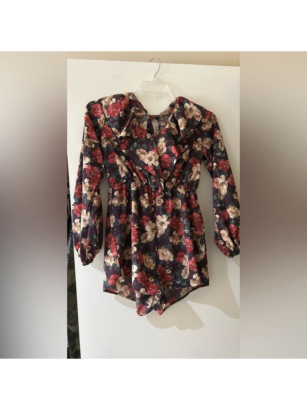 Frenchy Black Red Cream Floral Long Sleeve Romper - Picture 2 of 3